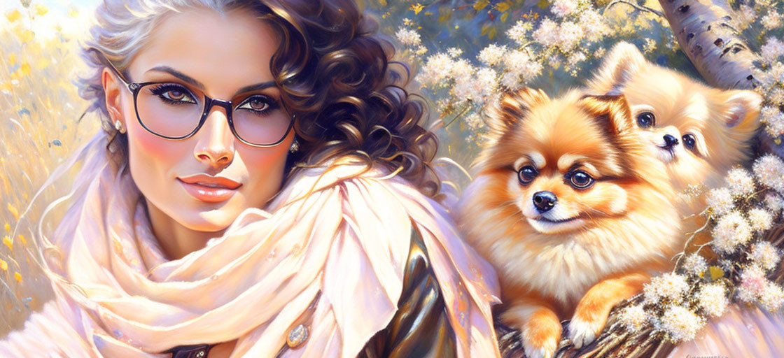 Illustration of woman with curly hair, glasses, scarf, holding Pomeranian dogs in blooming