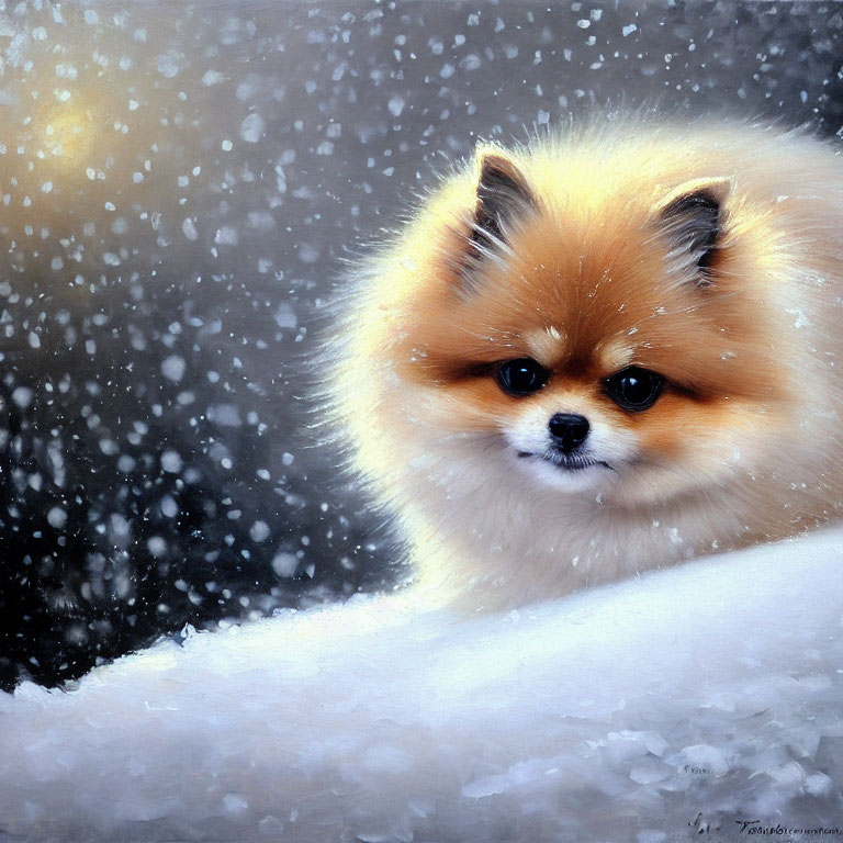 Fluffy Pomeranian Dog in Snowy Setting