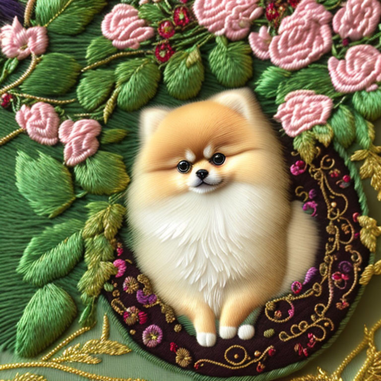 Illustration of Pomeranian Dog in Embroidered Frame with Greenery and Pink Flowers