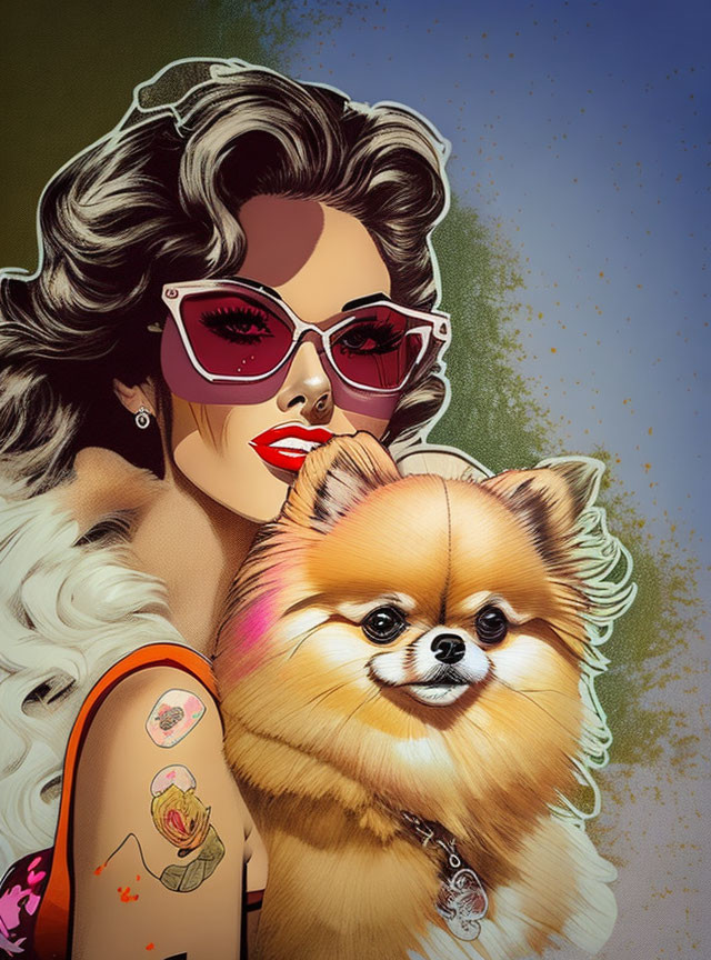 Woman with Voluminous Hair, Sunglasses, Tattoos, Holding Pomeranian Dog on Text