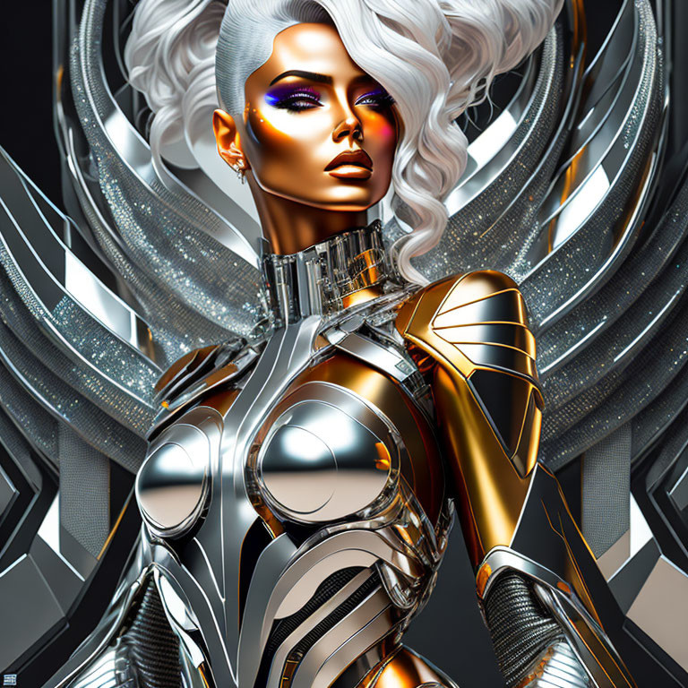 Futuristic female figure in metallic armor with silver hair and purple eyeshadow