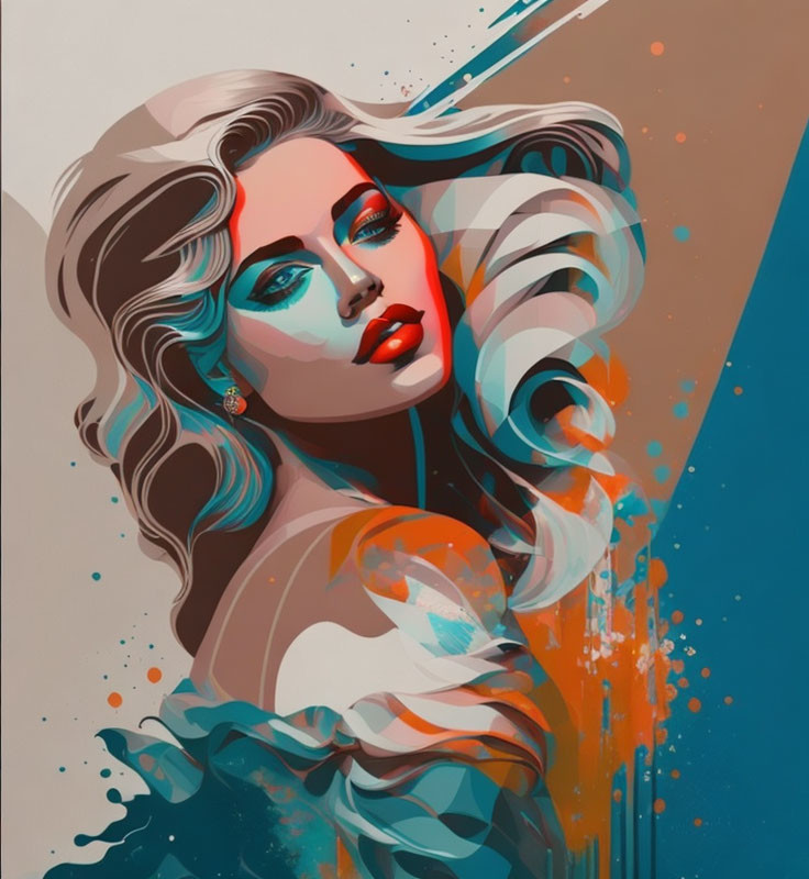 Woman with Wavy Hair in Turquoise and Coral Colors