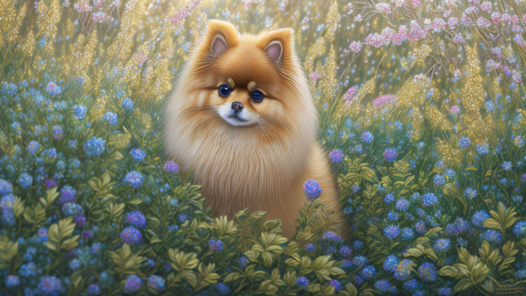 Fluffy golden Pomeranian in colorful wildflower field with sunlight