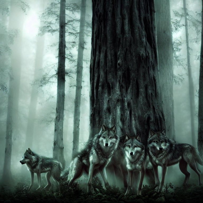 Misty forest scene with pack of wolves and light beams