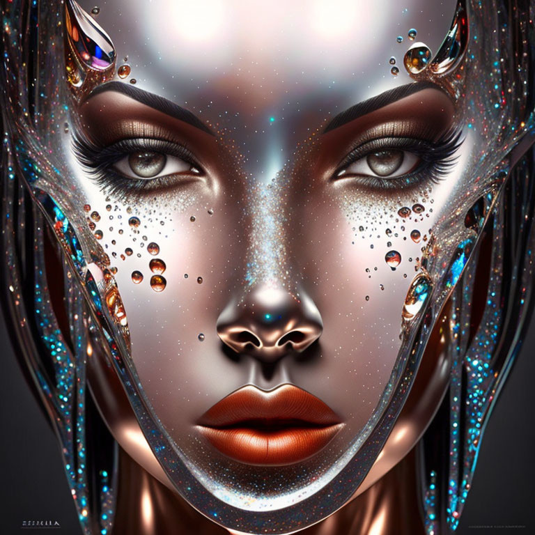 Futuristic digital artwork: woman's face with metallic skin, glittering jewels.