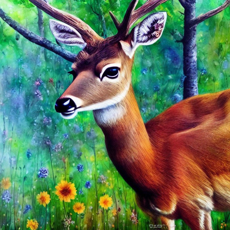 Colorful Deer Painting in Meadow with Detailed Face and Antlers