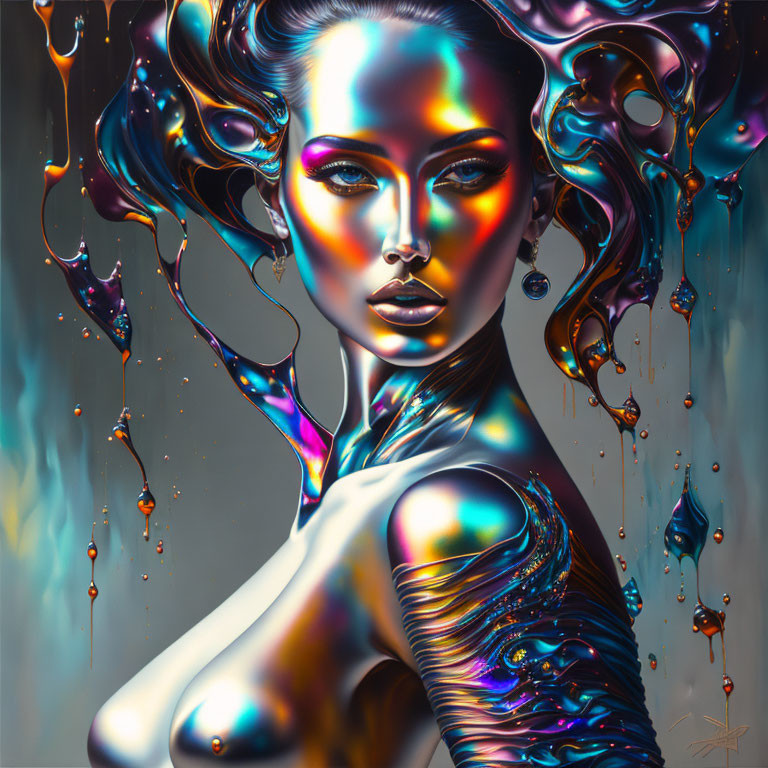 Metallic-skinned female figure with vibrant liquid colors in surreal portrait