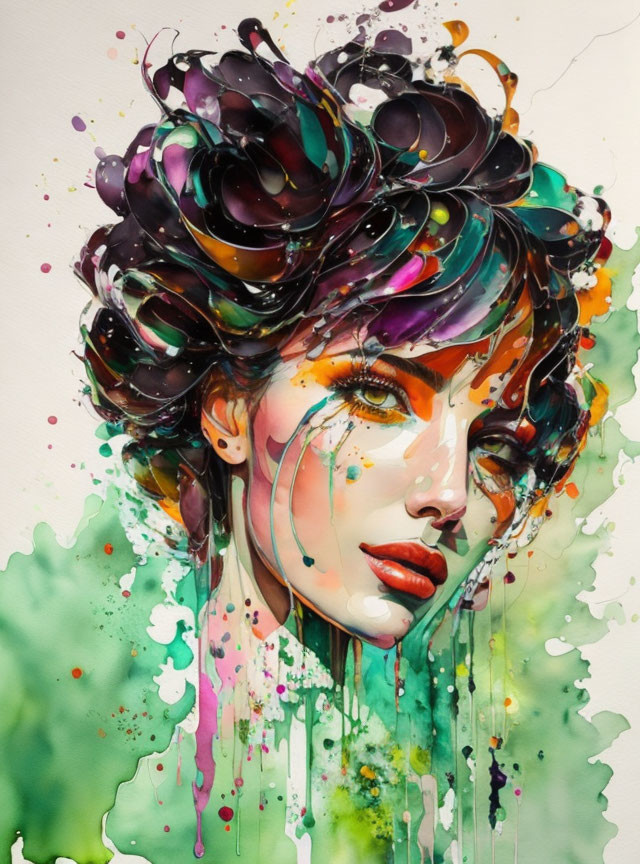 Colorful Abstract Portrait of Woman with Vibrant Ink-Like Hair on White Background