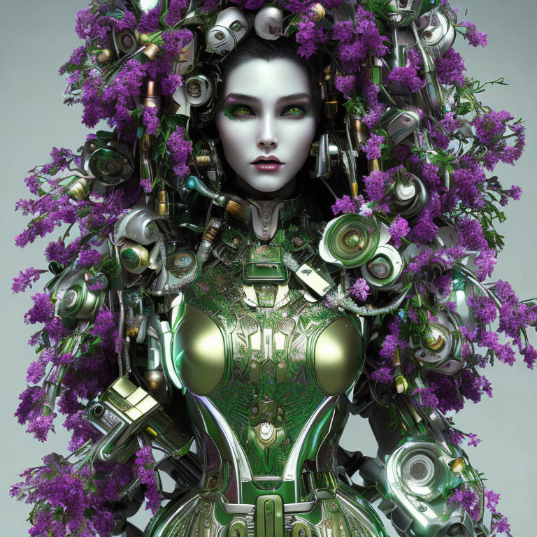 Futuristic female android with green skin and purple flowers