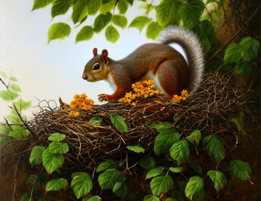 Realistic painting of squirrel on nest with yellow flowers and green leaves