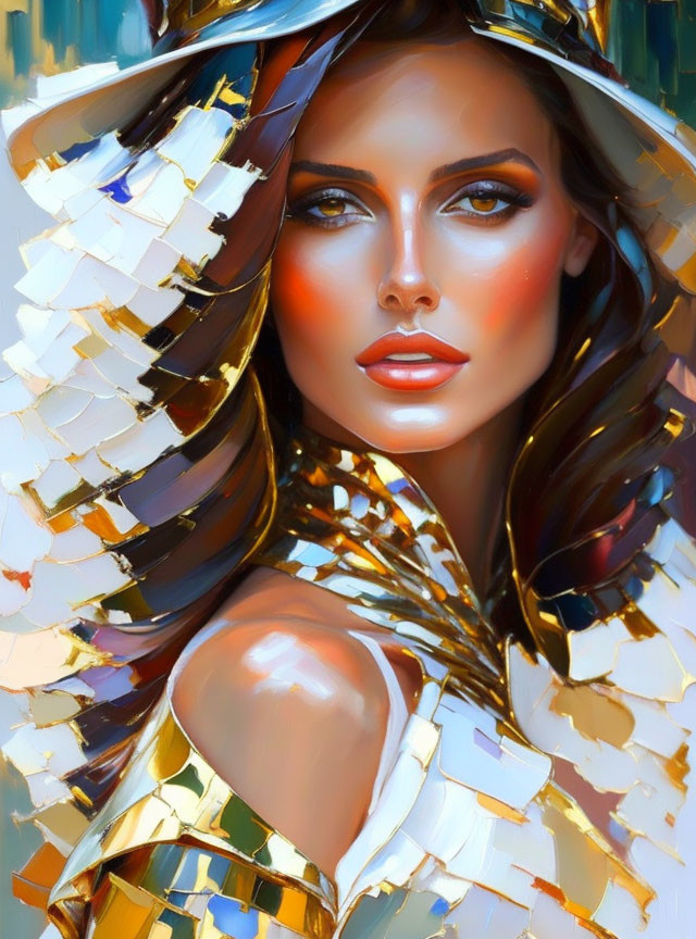 Digital artwork featuring woman with radiant skin and glossy lips in reflective gold garment