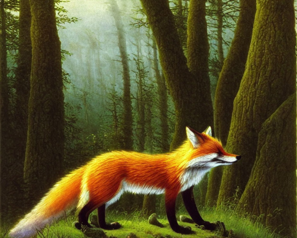 Red Fox in Lush Green Forest with Towering Trees