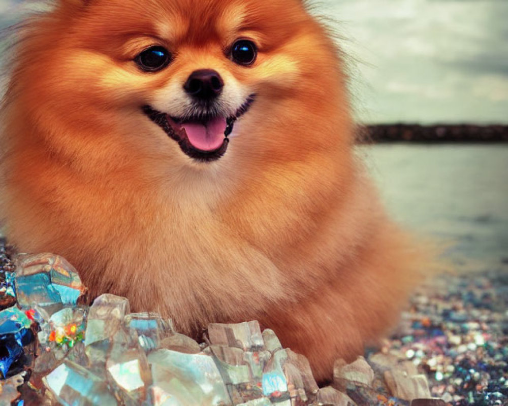 Fluffy Pomeranian Dog Smiling on Sparkling Crystals by Seaside