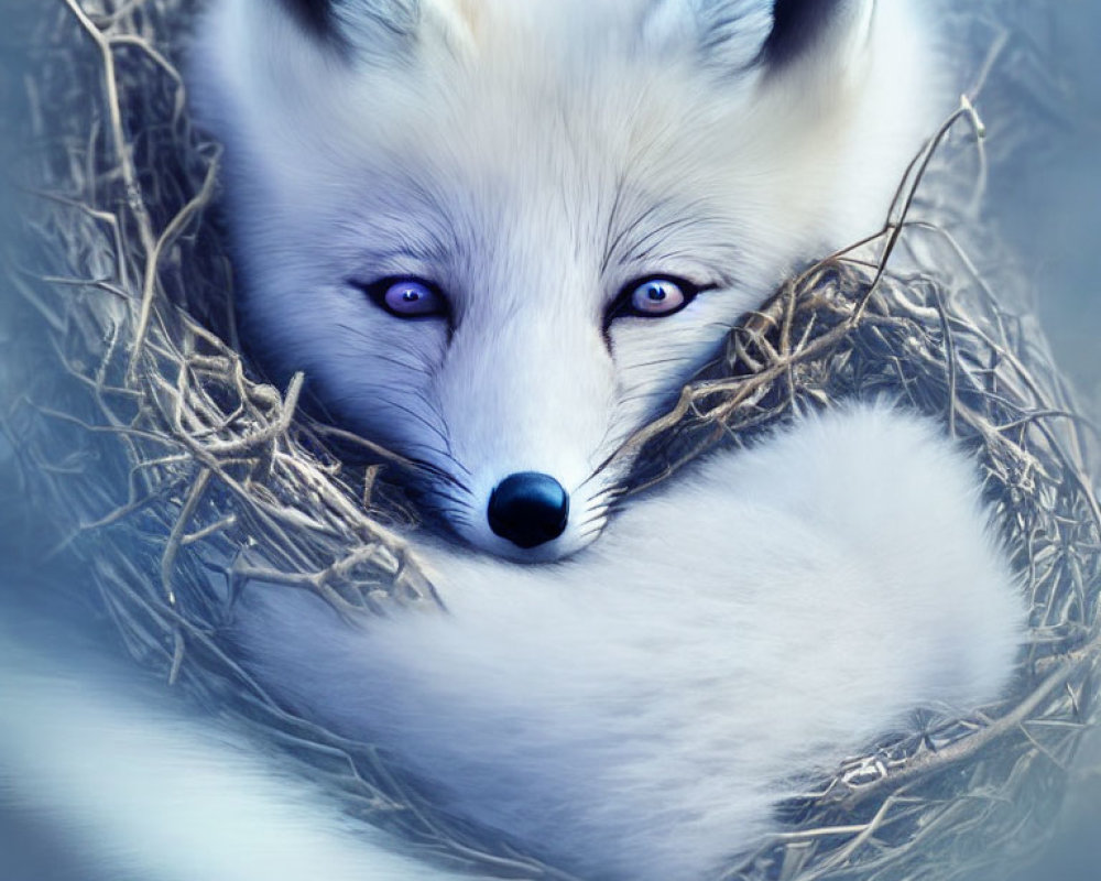 White Fox with Blue Eyes Resting in Twig Nest - Serene and Mystical