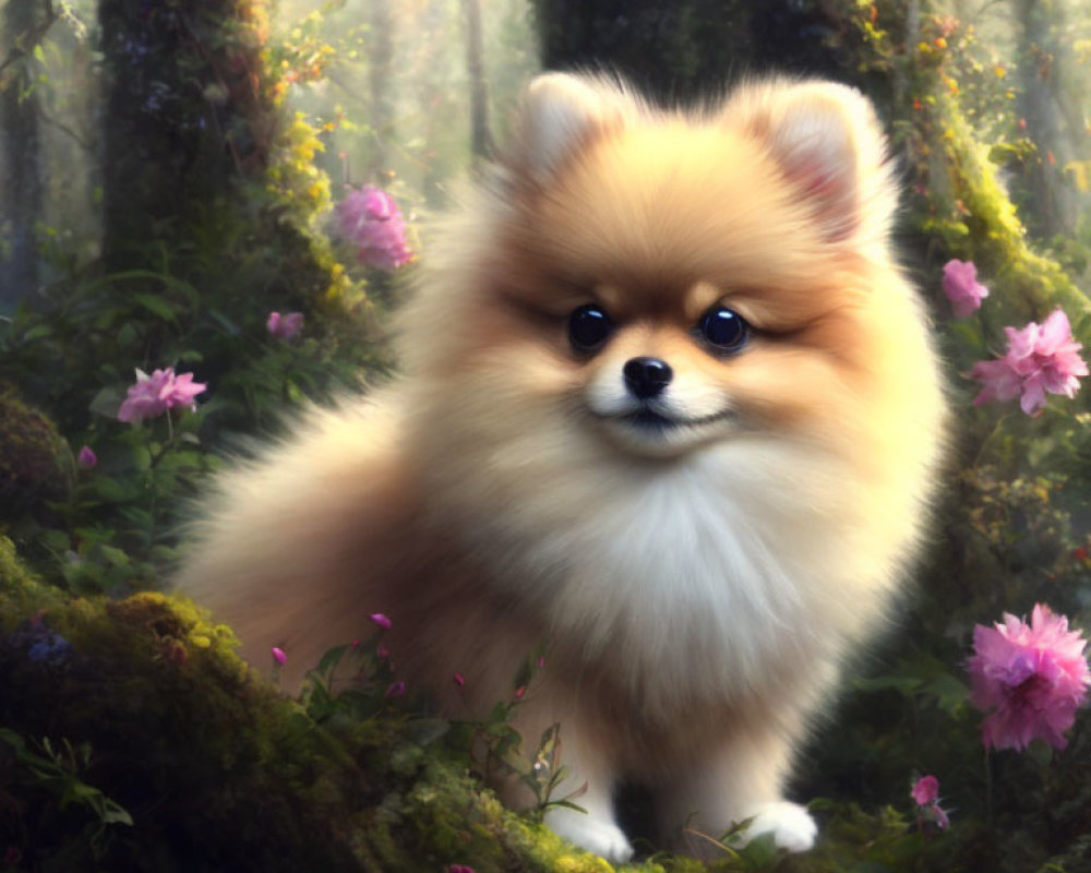 Fluffy Pomeranian Dog on Mossy Log in Enchanted Forest