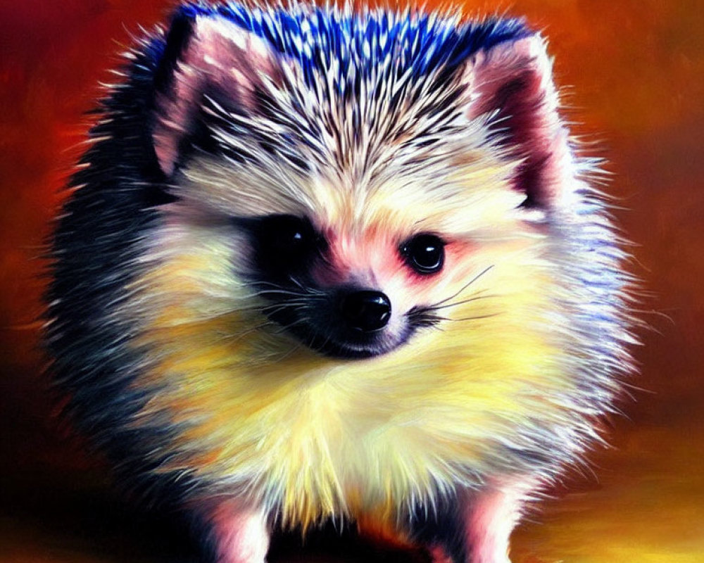 Colorful Hedgehog with Blue-Tipped Spines on Amber Background