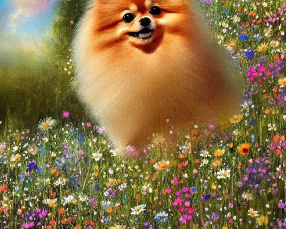 Smiling Pomeranian Dog in Colorful Wildflower Meadow