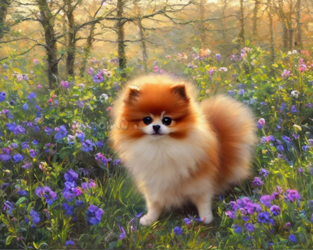 Fluffy Pomeranian in Colorful Meadow with Purple Flowers