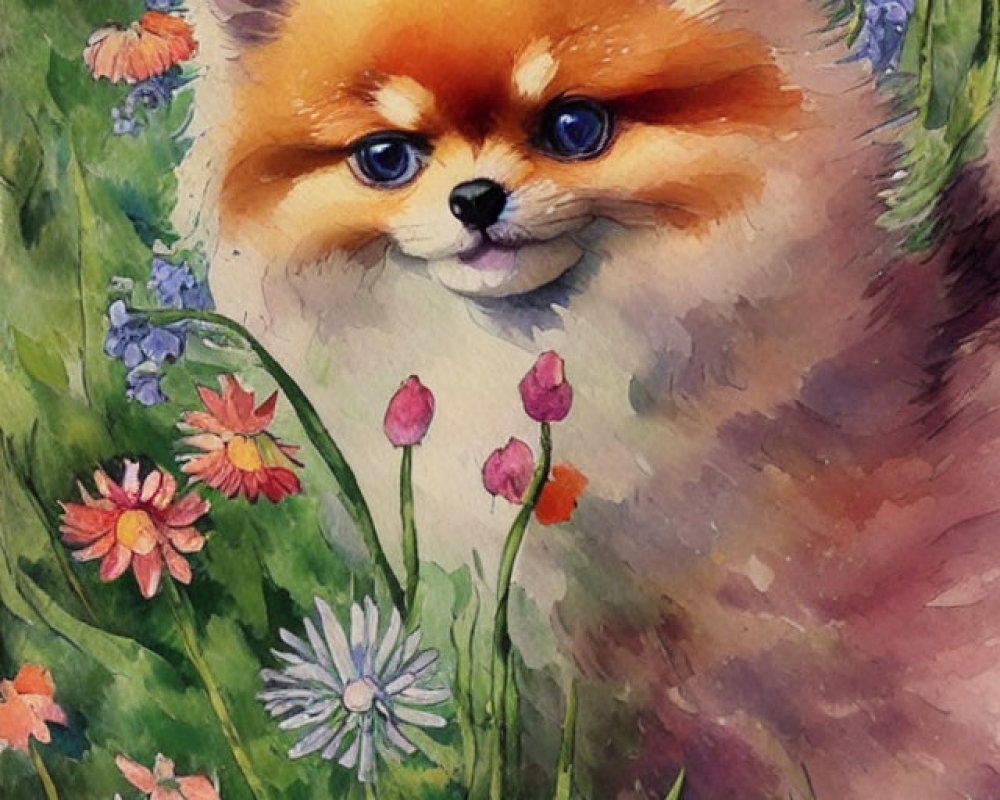 Fluffy Pomeranian Dog in Colorful Floral Watercolor