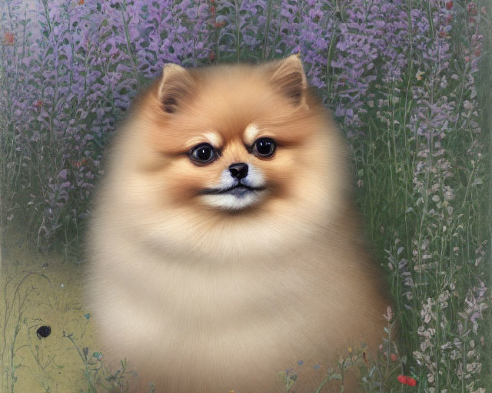 Fluffy Pomeranian Dog Among Lilac Flowers