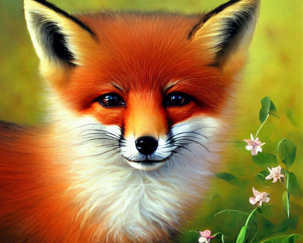 Vivid painting of red fox with intense eyes on green background