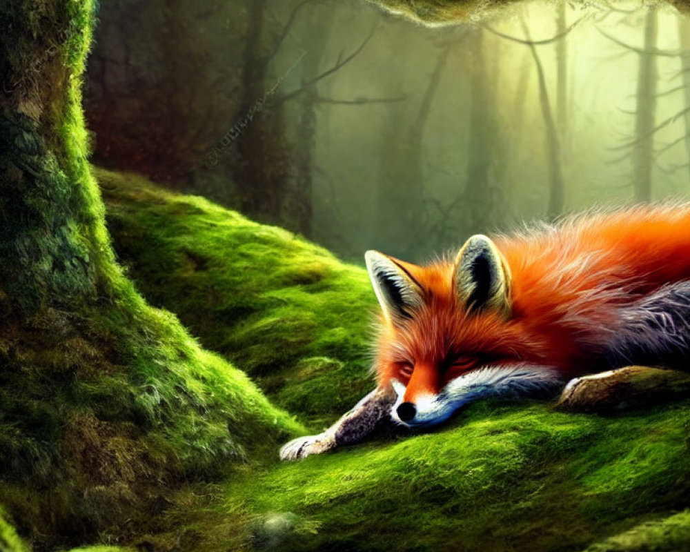 Red Fox Resting on Moss-Covered Forest Ground