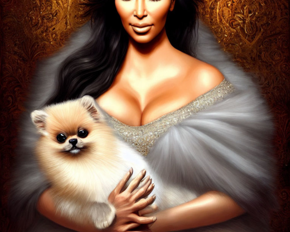 Stylized portrait of woman with dark hair holding Pomeranian against golden backdrop