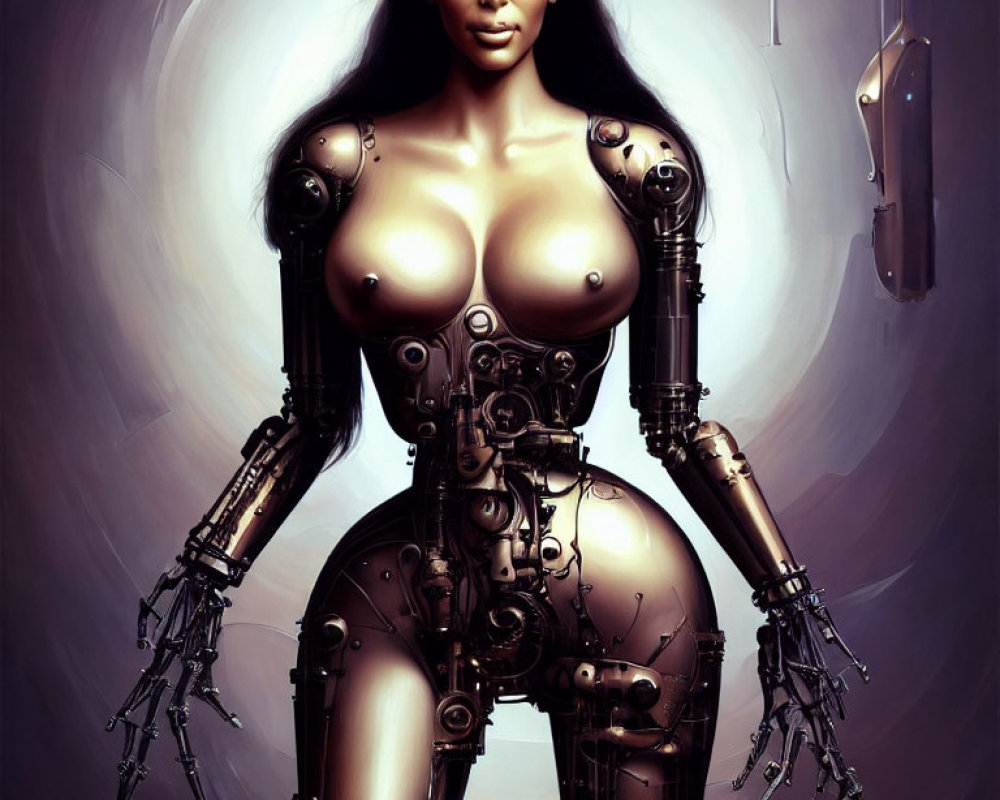 Futuristic female robot with metallic body and human-like features