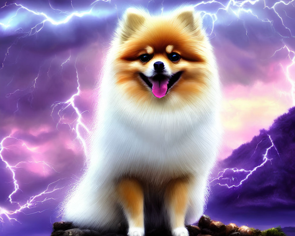 Fluffy Pomeranian Dog on Rock with Purple Skies and Lightning