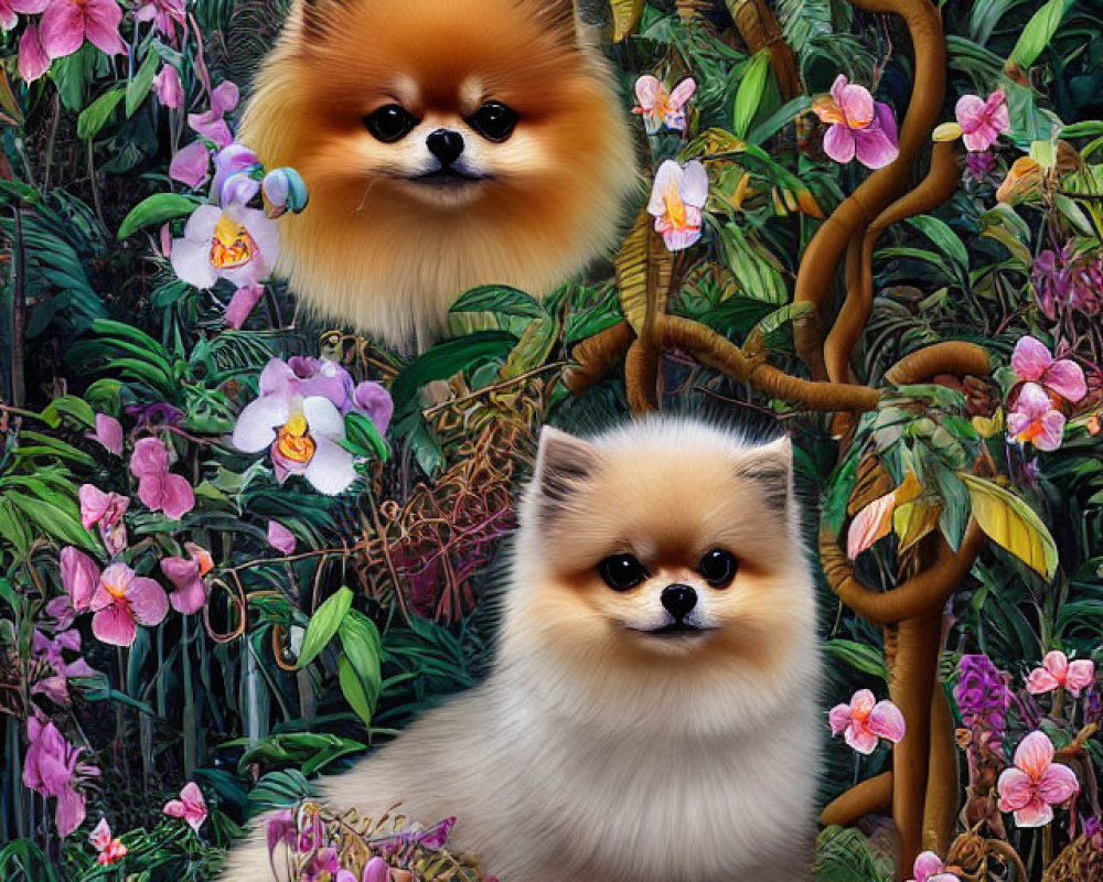 Fluffy Pomeranian Dogs in Lush Jungle with Orchids