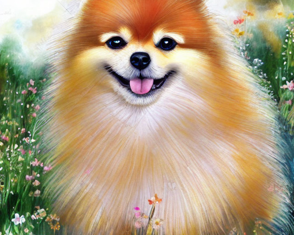 Colorful Illustration: Smiling Pomeranian Dog in Wildflower Field