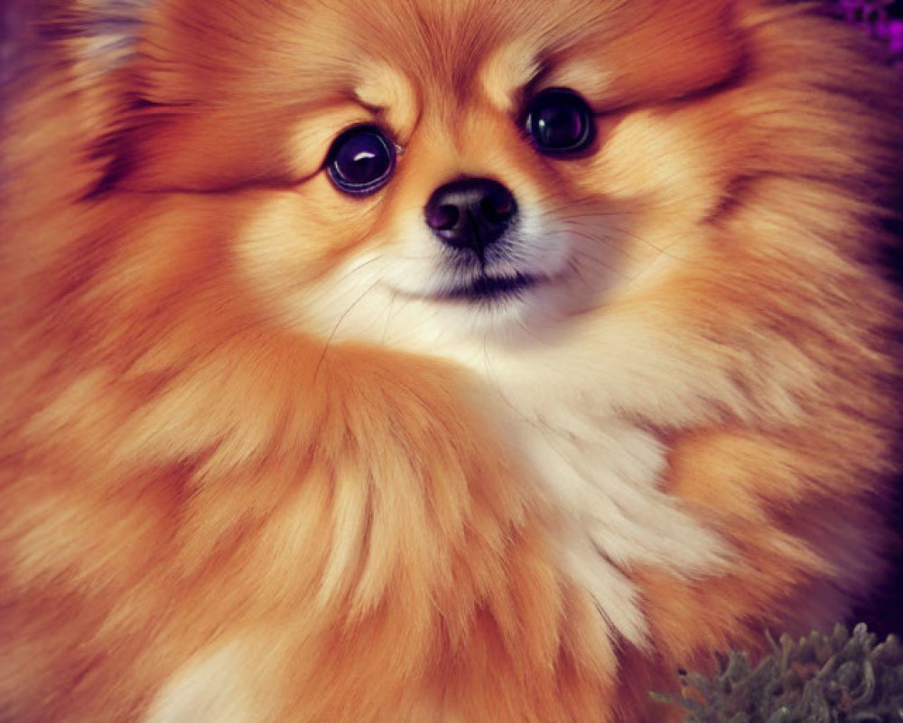 Fluffy Pomeranian Dog in Orange and White Coat Surrounded by Purple Flowers