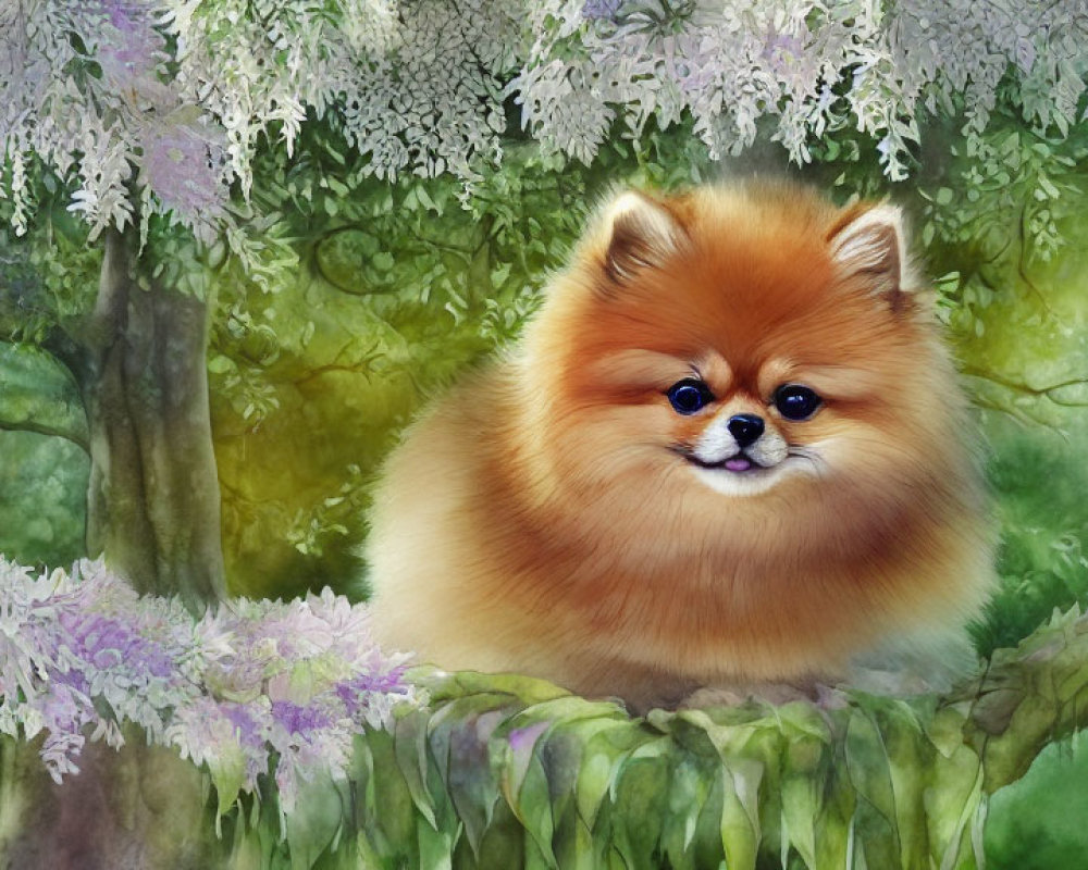 Fluffy Pomeranian Dog in Wisteria Forest Scene