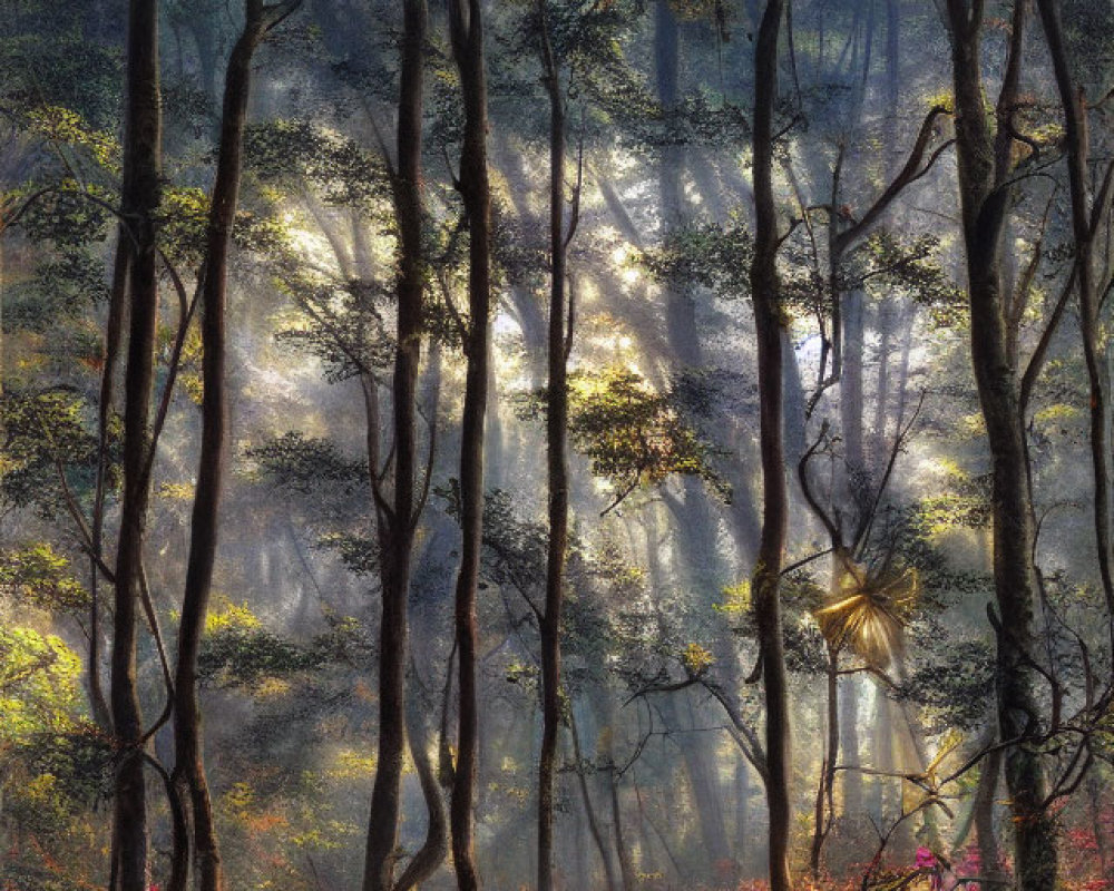 Sunlit mystical forest with purple flowers and misty ambiance