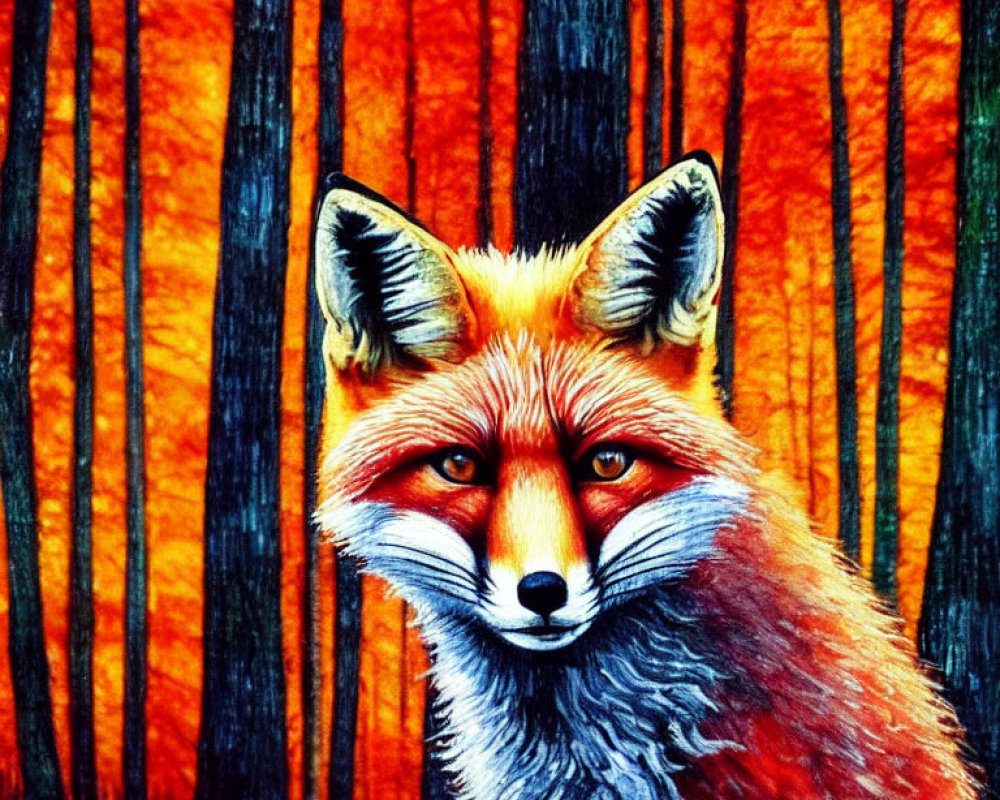 Detailed Illustration of Red Fox in Orange and Black Forest