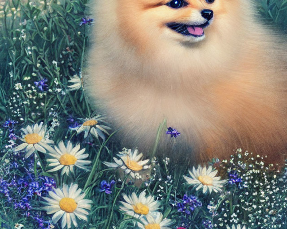 Fluffy Pomeranian Dog in Serene Flower Garden