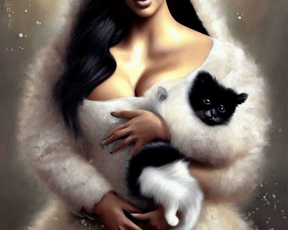 Dark-haired woman in white fluffy outfit holding black and white cat