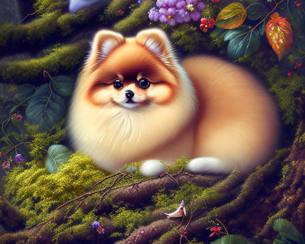 Adorable Pomeranian in lush forest with flowers, bird, and cat