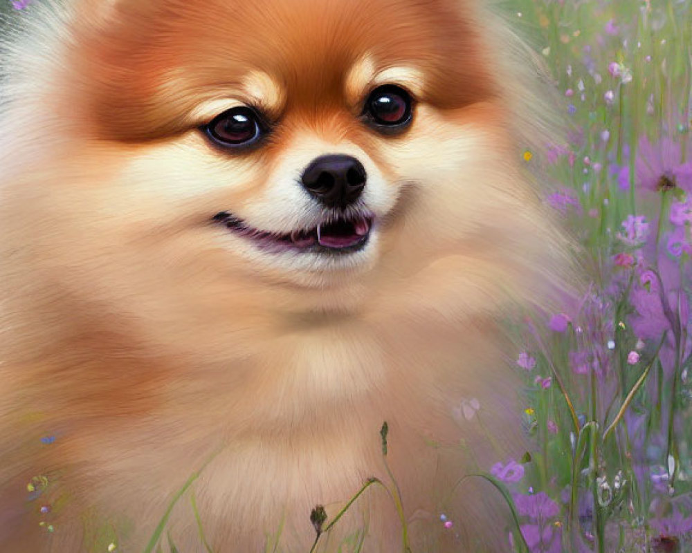 Fluffy Pomeranian Dog Surrounded by Purple Flowers in Dreamy Forest