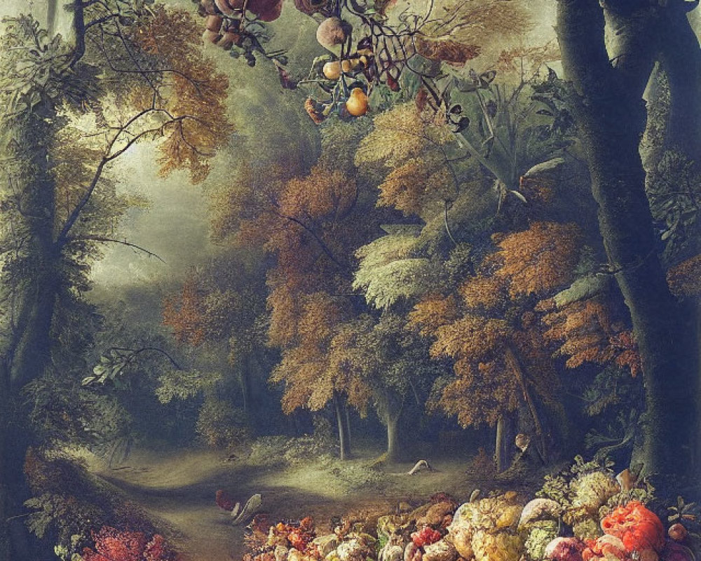 Detailed painting of a bountiful harvest scene in a forest