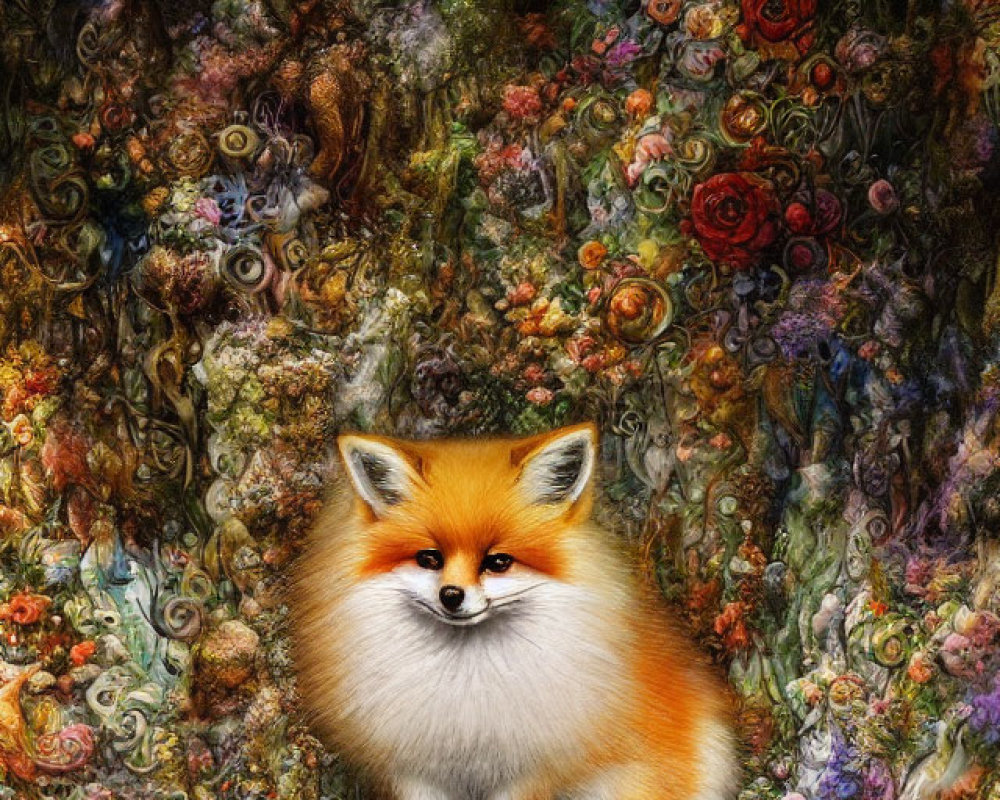 Detailed Illustration of Red Fox in Colorful Fantasy Scene