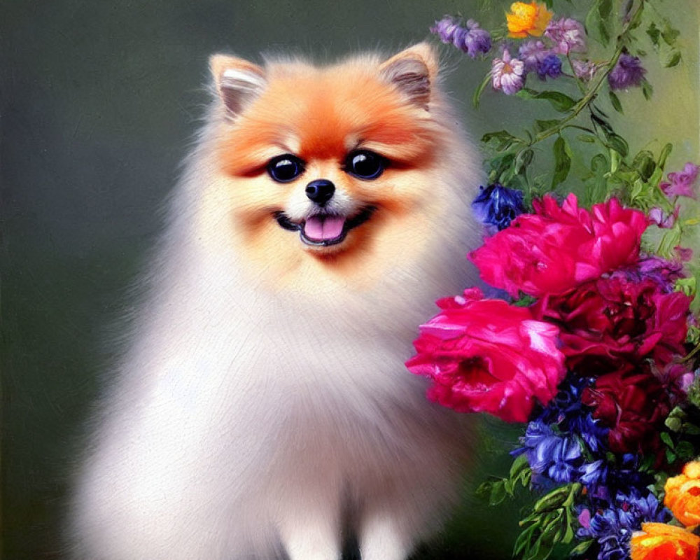 Fluffy Pomeranian Dog Smiling Beside Colorful Flowers