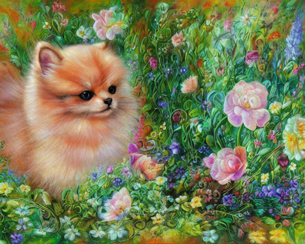 Fluffy Pomeranian Dog in Colorful Flower Garden