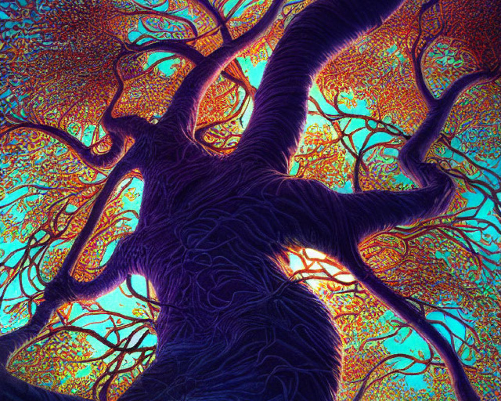 Colorful Psychedelic Tree Artwork with Swirling Branches