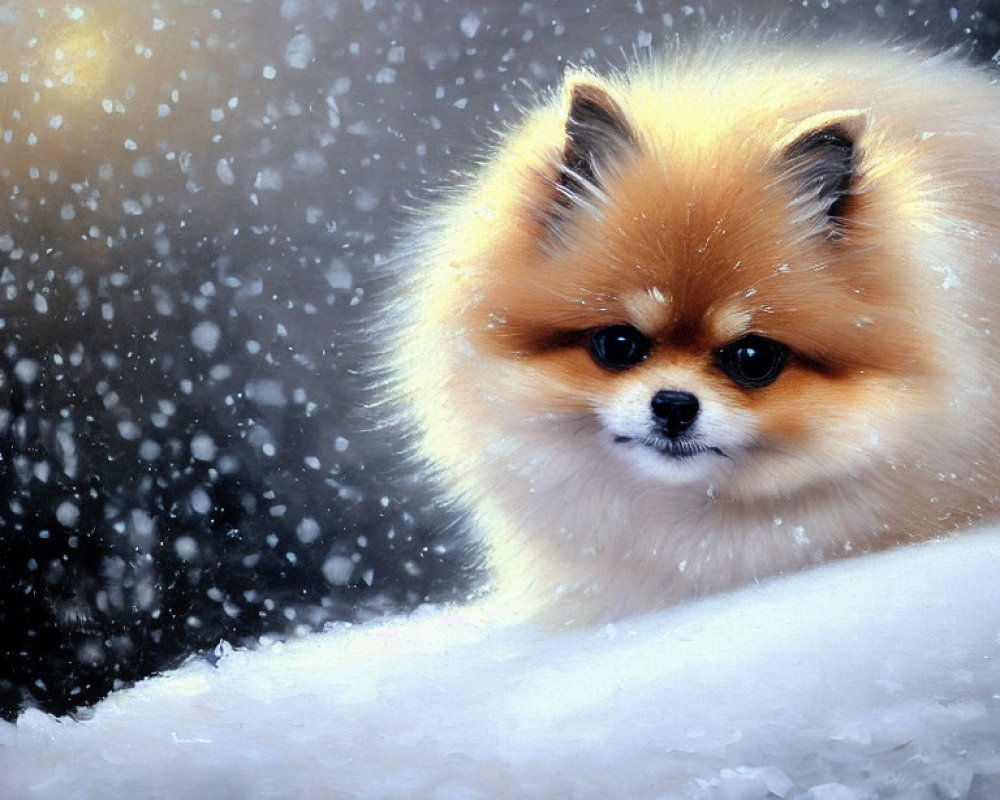 Fluffy Pomeranian Dog in Snowy Setting