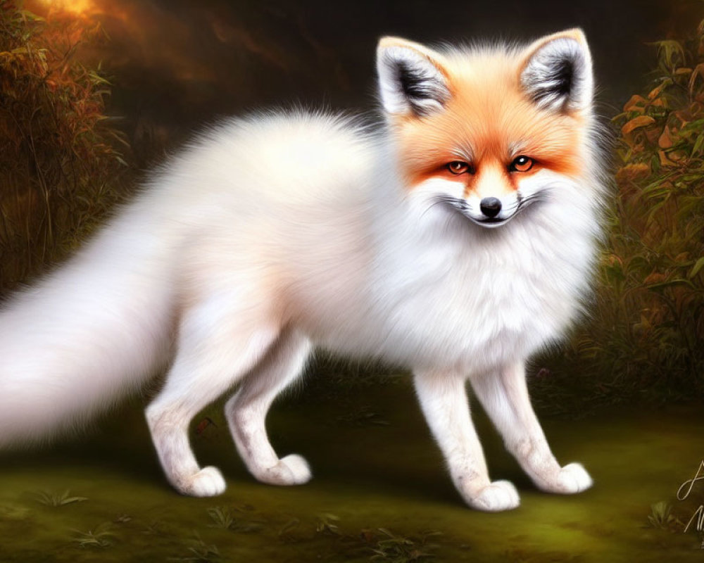 Red Fox with White and Orange Coat in Dimly Lit Forest Clearing