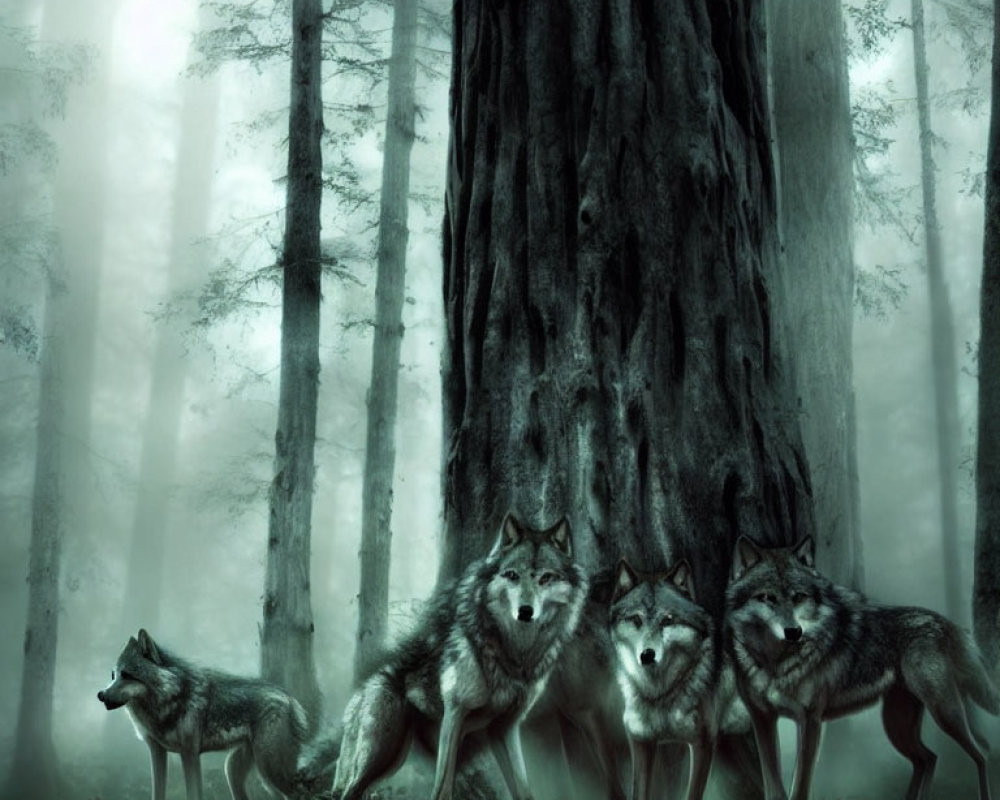 Misty forest scene with pack of wolves and light beams