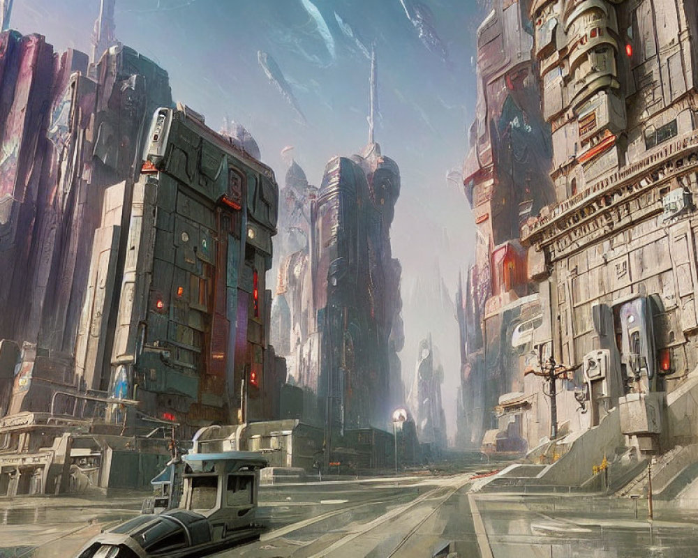 Futuristic cityscape with towering skyscrapers and a solitary vehicle.