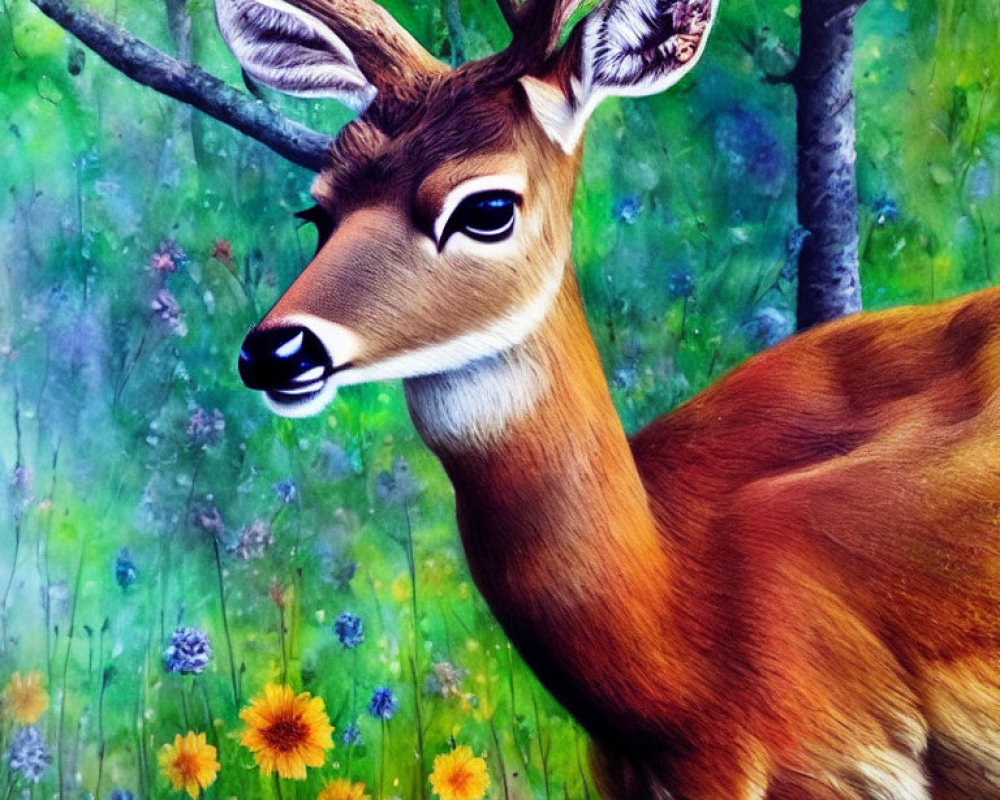 Colorful Deer Painting in Meadow with Detailed Face and Antlers