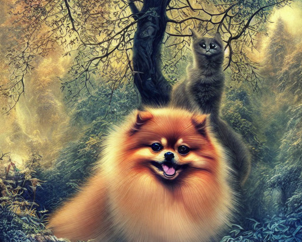 Fluffy Pomeranian Dog and Gray Cat in Mystical Forest with Overhanging Tree